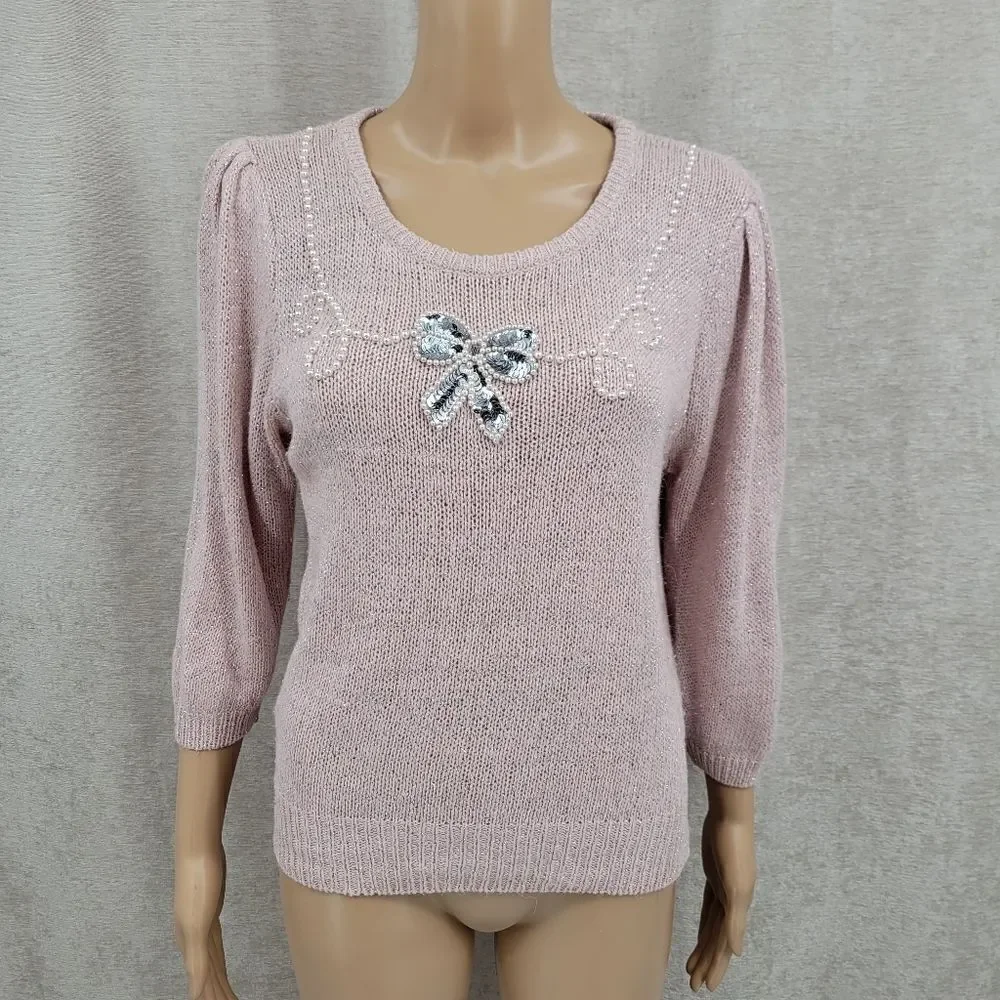Stepping Stones Vintage Light Pink Silk Angora Blend Pearl Sequin Bow on Front - Picture 1 of 11